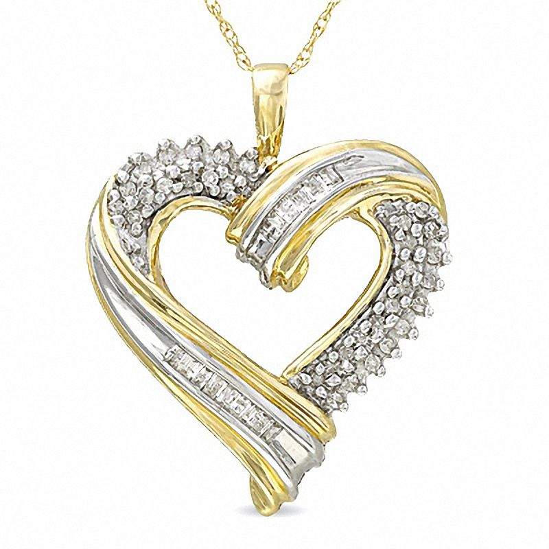 Main Image 1 of 1/5 CT. T.W. Round and Baguette Diamond Flair Heart Pendant in 10K Gold