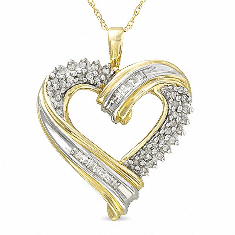 1/5 CT. T.W. Round and Baguette Diamond Flair Heart Pendant in 10K Gold