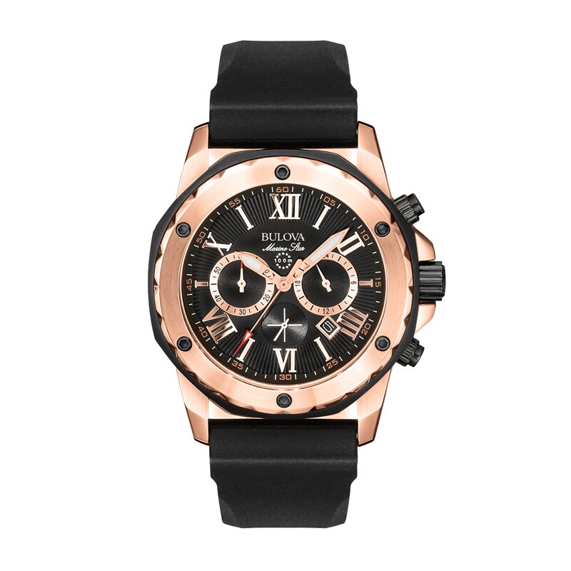 Main Image 1 of Men's Bulova Marine Star Chronograph Rose-Tone Strap Watch with Black Dial (Model: 98B104)