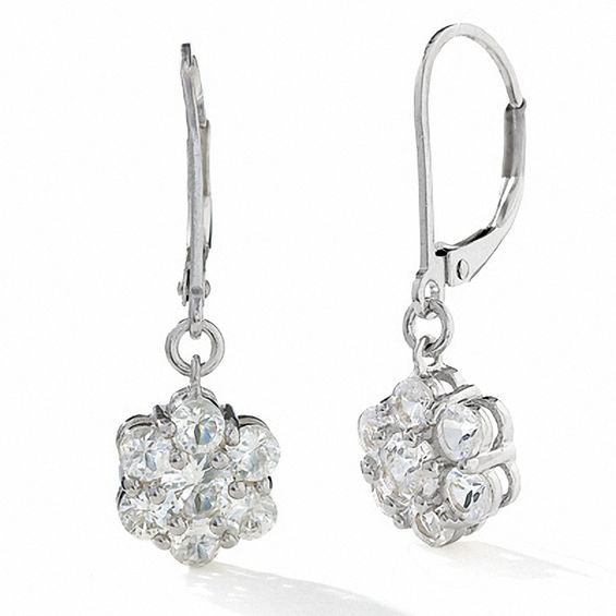 Lab-Created White Sapphire Flower Leverback Earrings in Sterling Silver