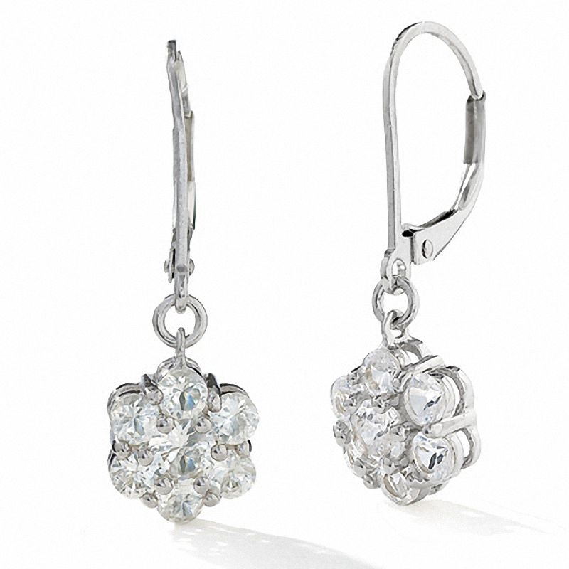 Lab-Created White Sapphire Flower Leverback Earrings in Sterling Silver