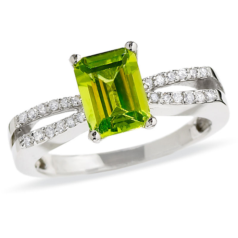 Main Image 1 of Emerald-Cut Peridot Ring in 10K White Gold with Diamond Accents
