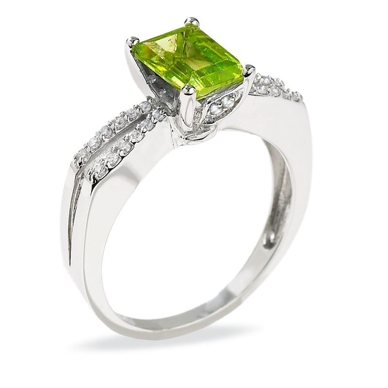 Emerald-Cut Peridot Ring in 10K White Gold with Diamond Accents