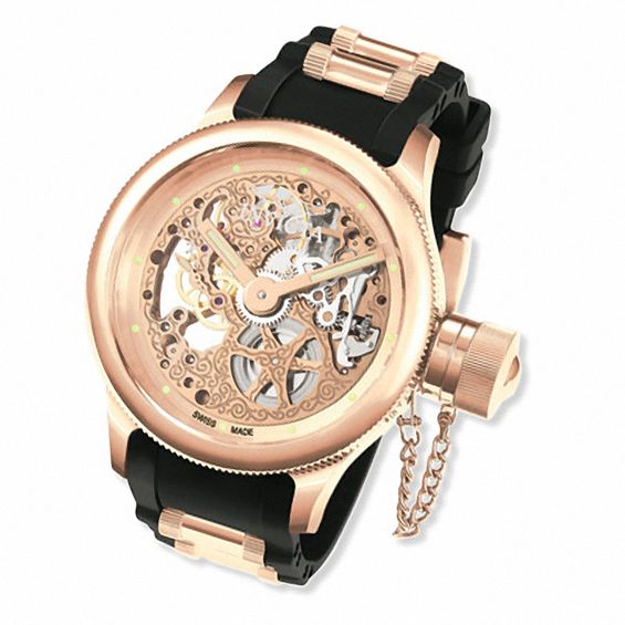 Men's Invicta Russian Diver Strap Watch with Rose-Tone Skeleton Dial (Model: 3846)