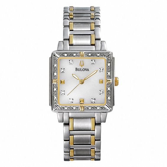 Ladies' Bulova Diamond Accent Two-Tone Watch With Square Mother-of-Pearl Dial (Model: 98R112)