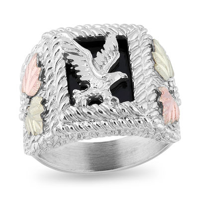 Sterling Silver 12k Green and Rose Gold Black Hills Gold Motif Mens Eagle Onyx Ring Sterling Silver 12k Green and Rose Gold Black Hills Gold Motif Mens Eagle Onyx Ring