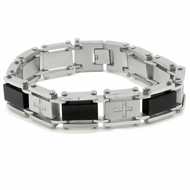 Main Image 2 of Men's 1/4 CT. T.W. Diamond Two-Tone Stainless Steel Cross Bracelet - 8.5"