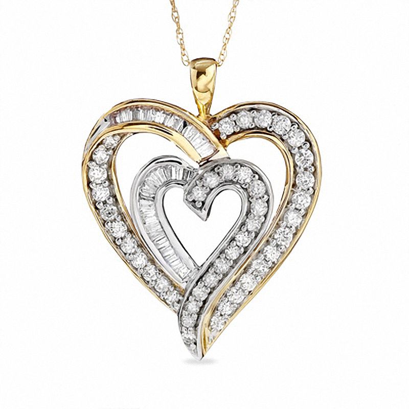 1 CT. T.W. Round and Baguette Diamond Echo Heart Pendant in 10K Two-Tone Gold