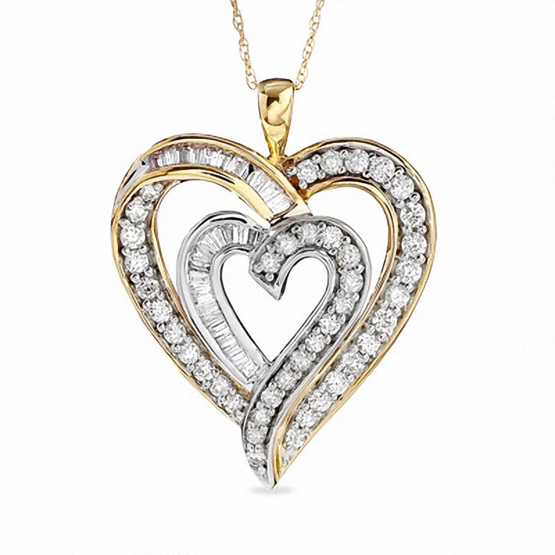 Main Image 1 of 1 CT. T.W. Round and Baguette Diamond Echo Heart Pendant in 10K Two-Tone Gold