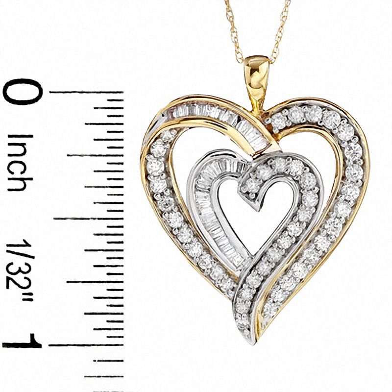 Main Image 2 of 1 CT. T.W. Round and Baguette Diamond Echo Heart Pendant in 10K Two-Tone Gold