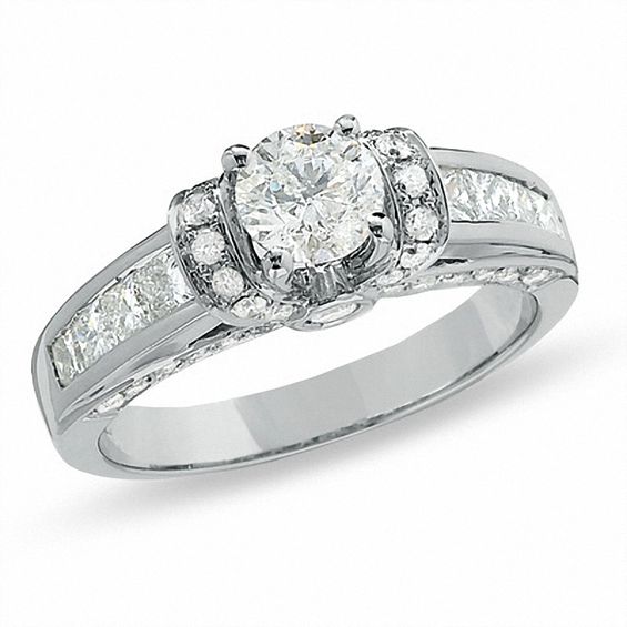 1-1/2 CT. T.w. Round Diamond Collar Engagement Ring in 14K White Gold with Princess-Cut Side Stones