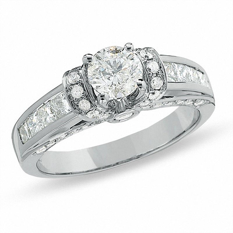Main Image 1 of 1-1/2 CT. T.W. Round Diamond Collar Engagement Ring in 14K White Gold with Princess-Cut Side Stones