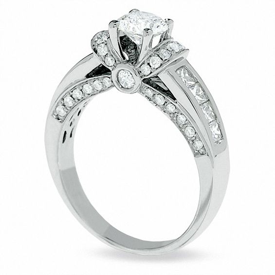 1-1/2 CT. T.w. Round Diamond Collar Engagement Ring in 14K White Gold with Princess-Cut Side Stones
