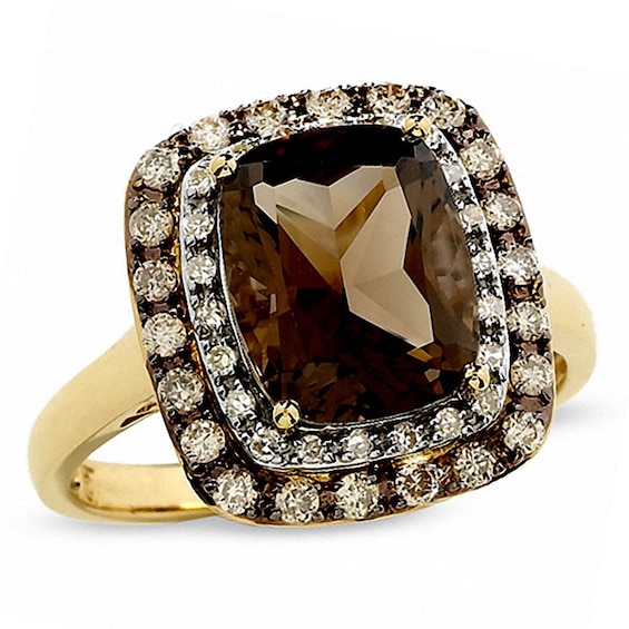 Cushion-Cut Smoky Quartz Ring in 14K Gold with Enhanced Champagne and White Diamonds