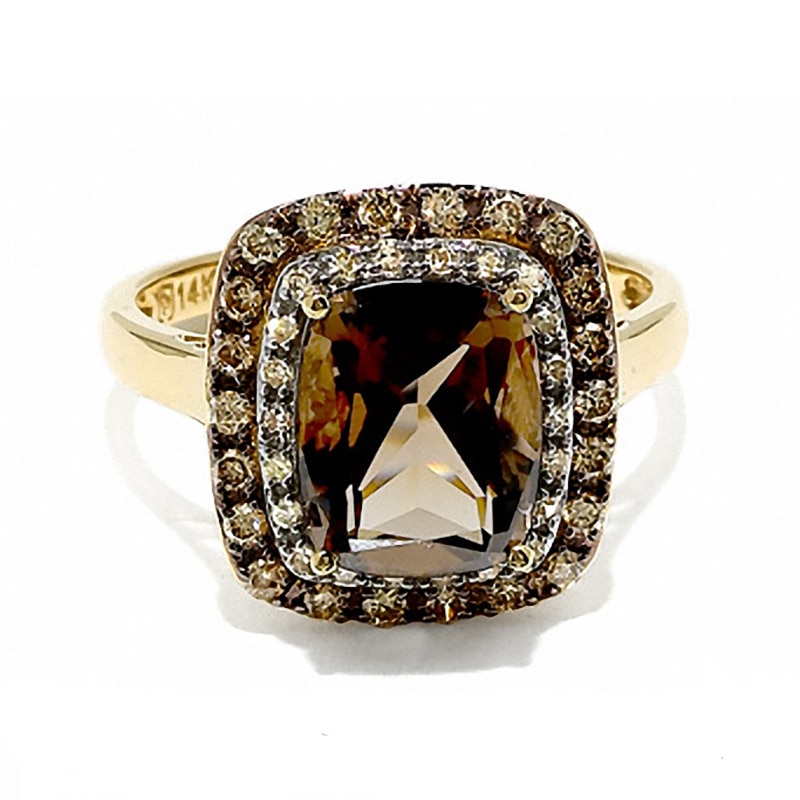 Cushion-Cut Smoky Quartz Ring in 14K Gold with Enhanced Champagne and White Diamonds
