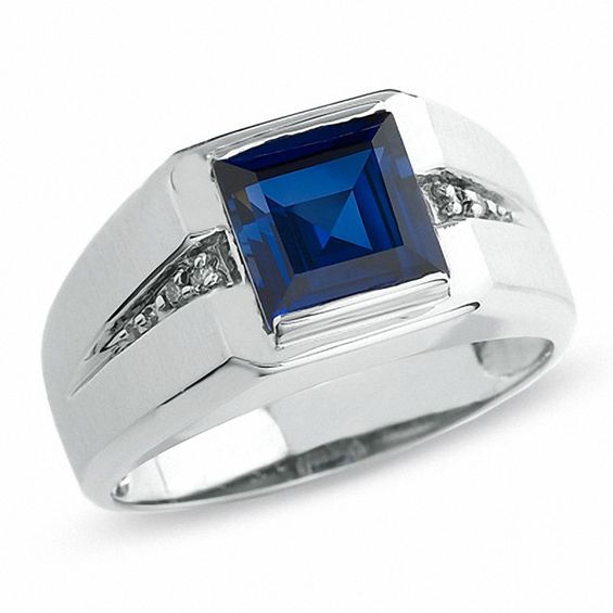 Men's Lab-Created Blue Sapphire Ring in 10K White Gold with Diamond ...