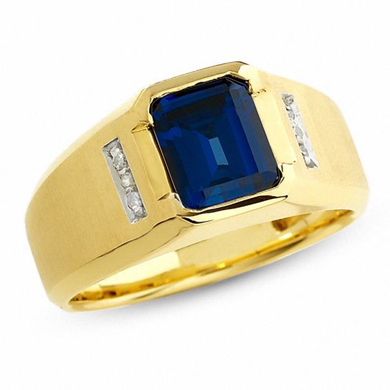 Men's Lab-Created Blue Sapphire Ring in 10K Gold with Diamond Accents ...