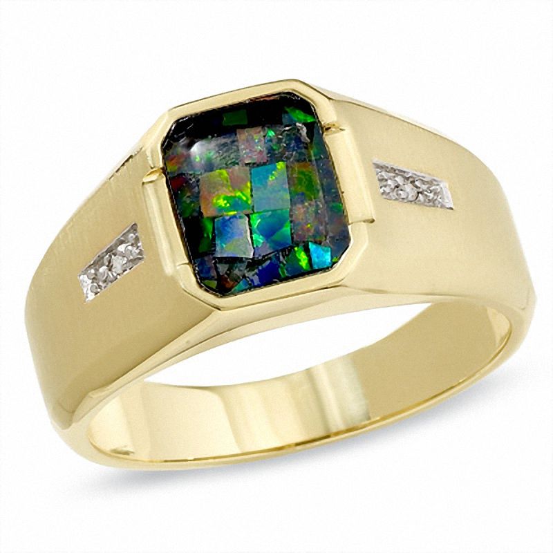 Men's Octagon Lab-Created Opal Mosaic Band in 10K Gold with Diamond Accents