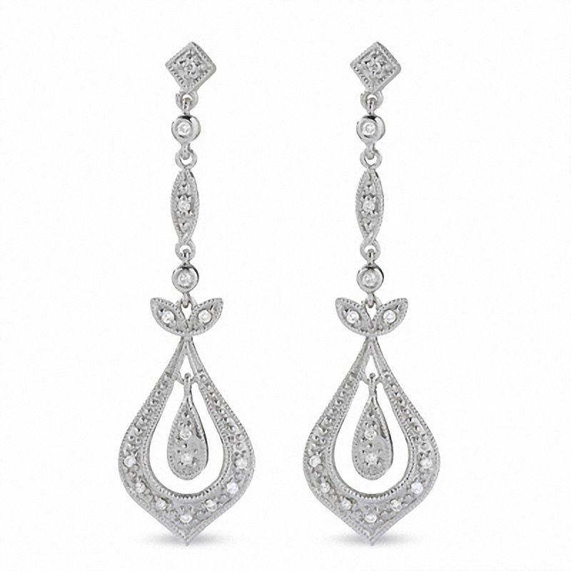 Main Image 1 of 1/8 CT. T.W. Diamond Vintage-Style Teardrop Dangle Earrings in 10K White Gold