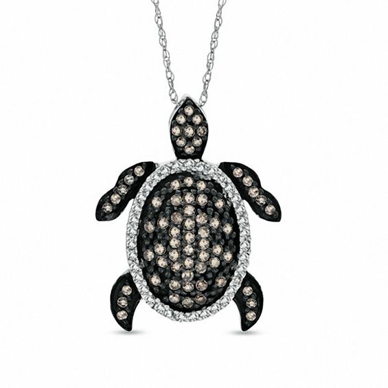 1/2 CT. T.w. Champagne and White Diamond Turtle Pendant in 10K White Gold