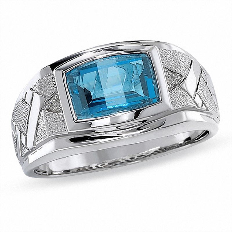 Main Image 1 of Barrel-Cut Blue Topaz and Diamond Accent Ring in 10K White Gold
