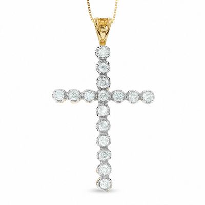 TrioStar 1 Carat Simulated Diamond 10K Yellow Gold Over Mini Cross Pendant Necklace for Women 