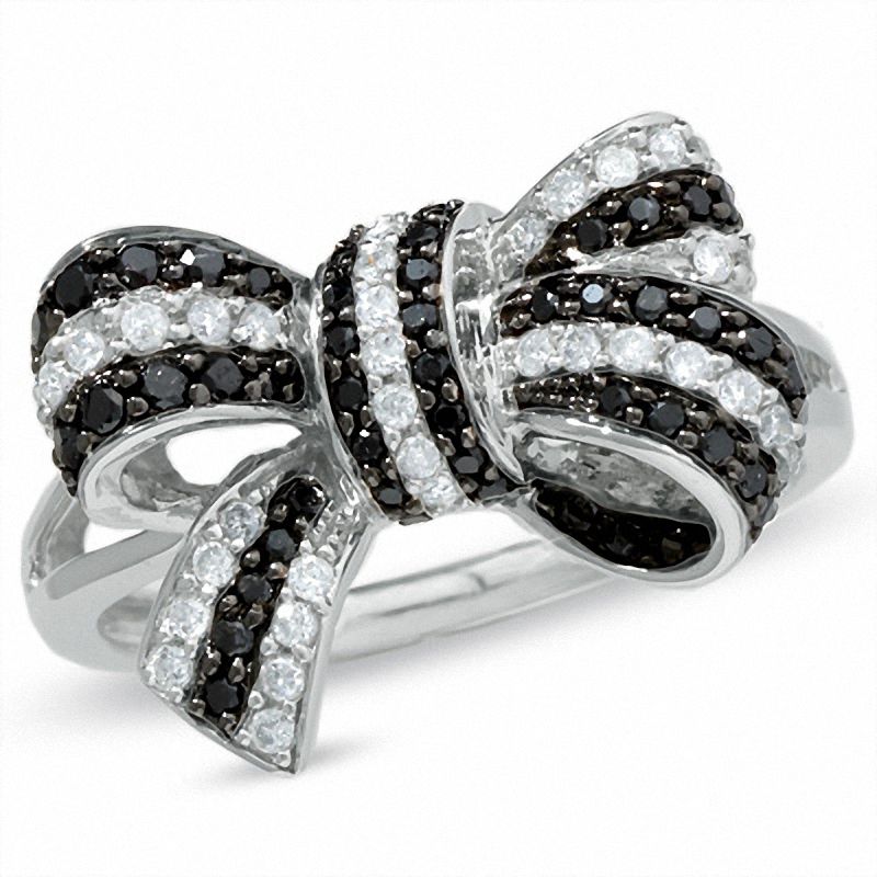 1/2 CT. T.W. Enhanced Black and White Diamond Bow Ring in 10K White Gold