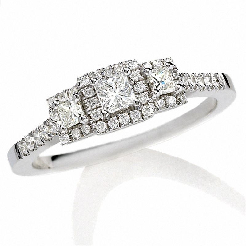 Main Image 1 of 1/2 CT. T.W. Princess-Cut Diamond Past Present Future® Framed Ring in 14K White Gold