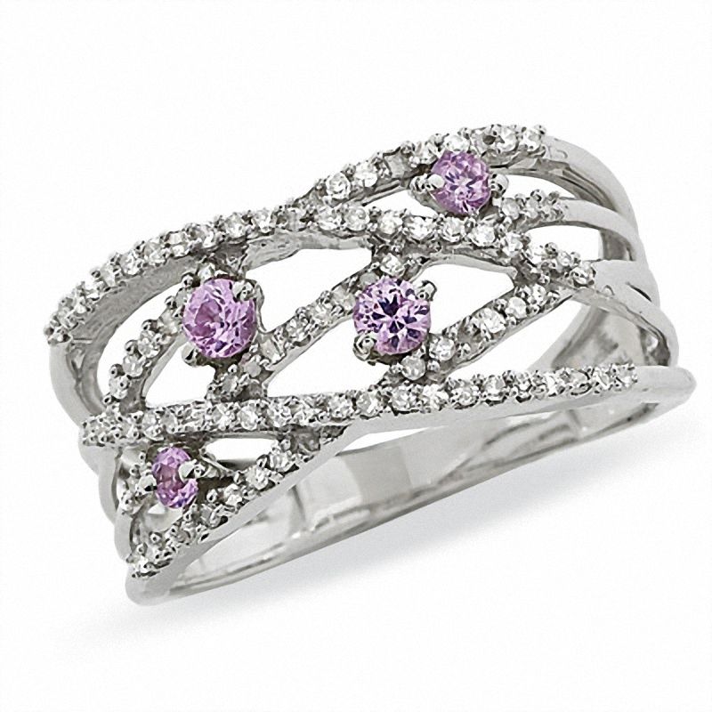 Main Image 1 of Pink Sapphire and Diamond Orbit Band in 14K White Gold