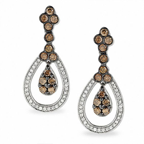 1 CT. T.w. Champagne and White Diamond Teardrop Earrings in 10K White Gold