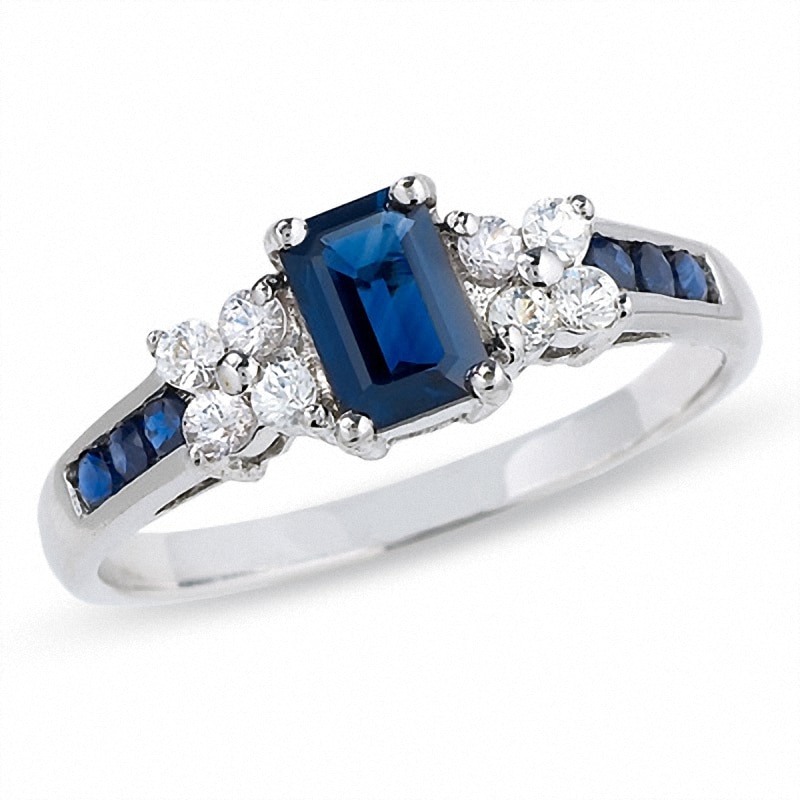 Main Image 1 of Blue and White Sapphire Ring in 14K White Gold