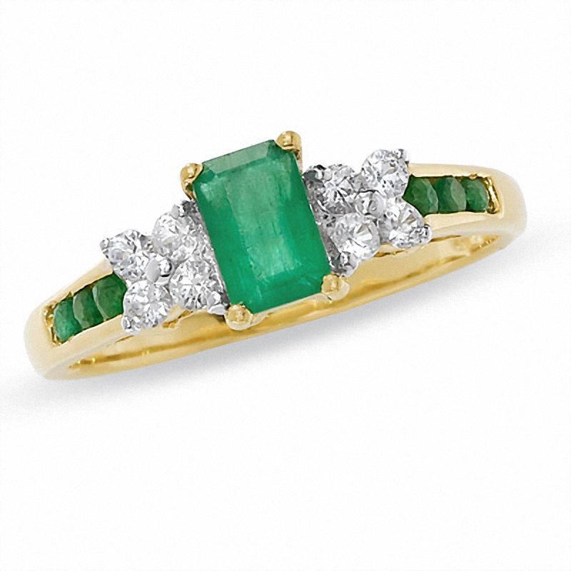 Main Image 1 of Emerald-Cut Emerald and White Sapphire Ring in 14K Gold