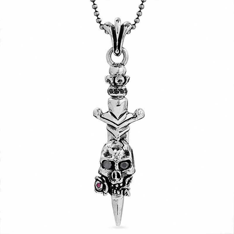 Ed Hardy Skull and Dagger Stainless Steel Pendant with Lab-Created Rubies