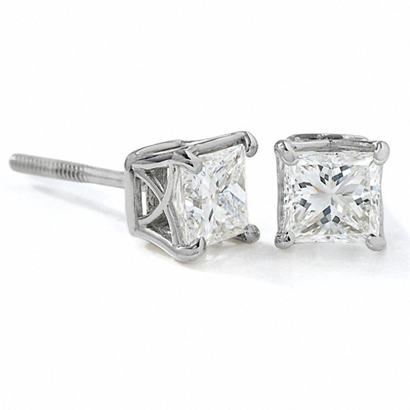 Main Image 1 of Celebration Lux® 1-1/2 CT. T.W. Princess-Cut Diamond Solitaire Stud Earrings in 18K White Gold (I/SI2)