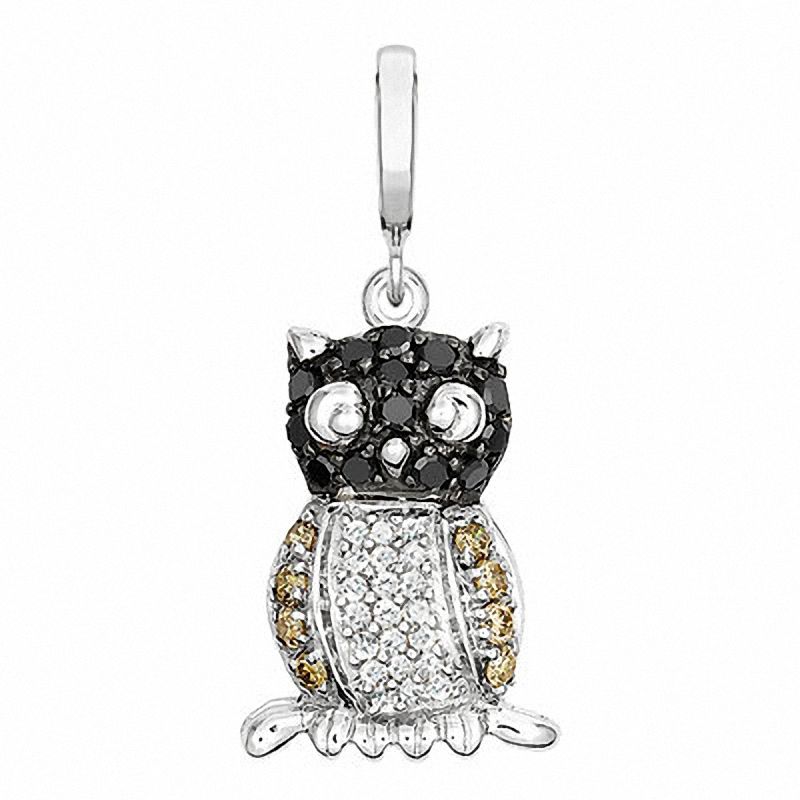 Main Image 1 of 1/2 CT. T.W. Enhanced Black, Champagne and White Diamond Owl Charm in Sterling Silver