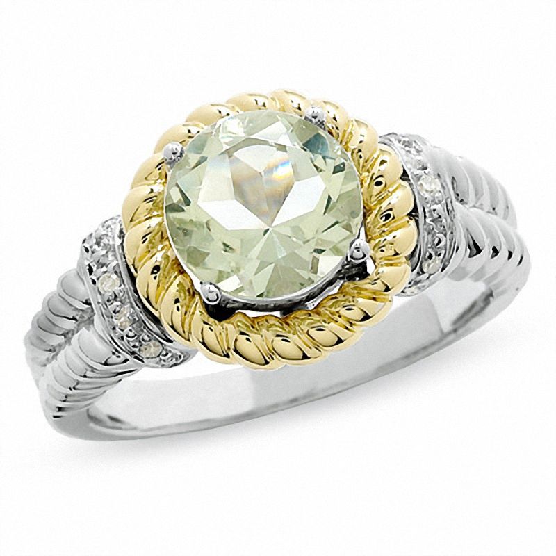 Main Image 1 of Green Quartz and Diamond Rope Ring in 10K Gold and Sterling Silver