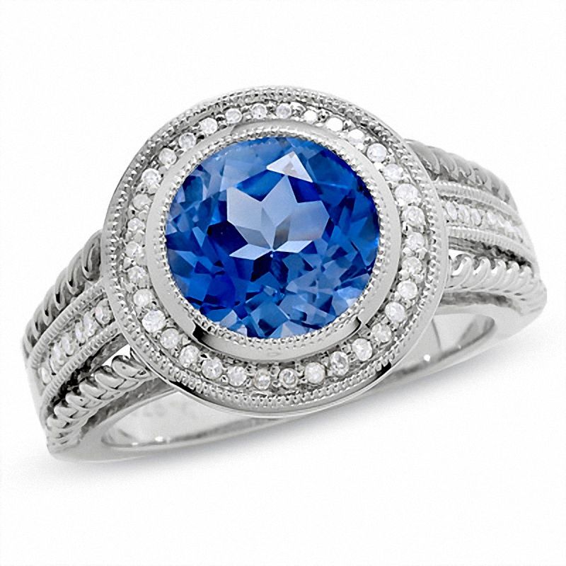 Main Image 1 of Lab-Created Ceylon Sapphire and Diamond Ring in Sterling Silver