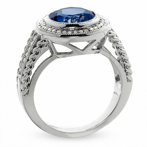 Lab-Created Ceylon Sapphire and Diamond Ring in Sterling Silver