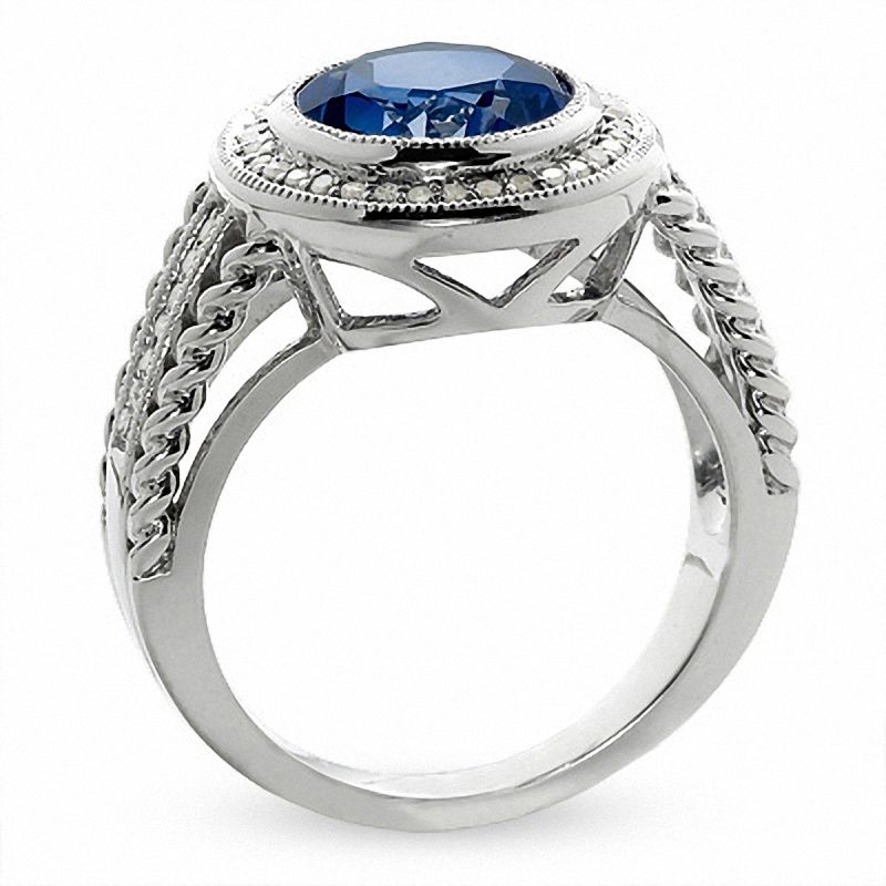 Main Image 2 of Lab-Created Ceylon Sapphire and Diamond Ring in Sterling Silver