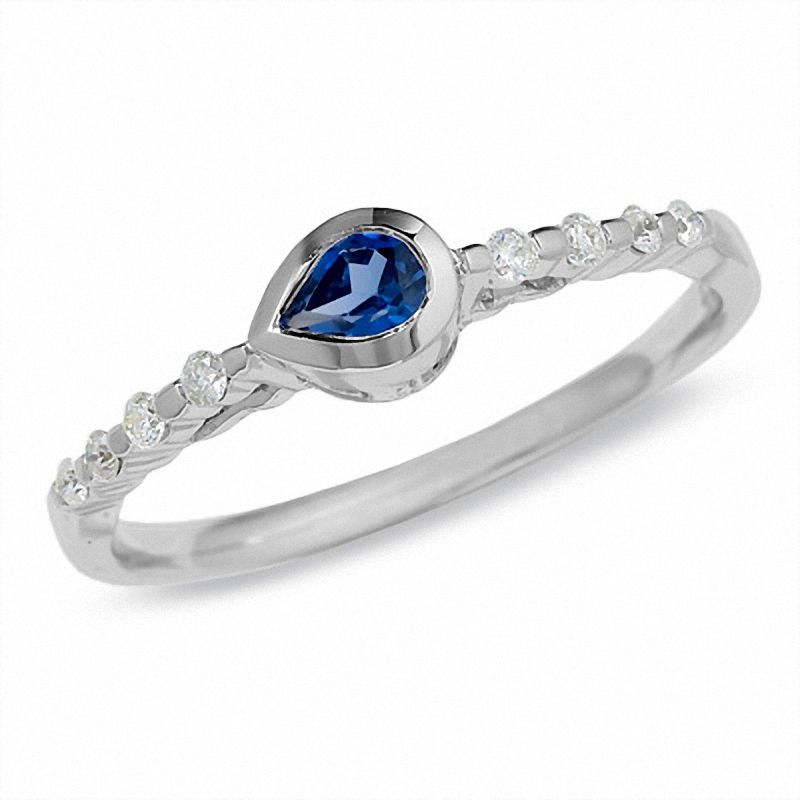 Pear Lab-Created Ceylon Sapphire Stack Ring with Diamond Accents in 10K White Gold
