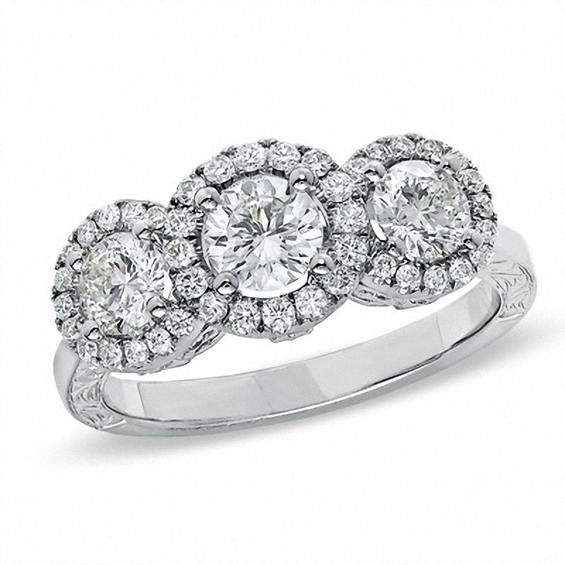 Main Image 1 of Celebration Lux® 1-1/4 CT. T.W. Certified Diamond Three Stone Framed Ring in 18K White Gold (I/SI2)
