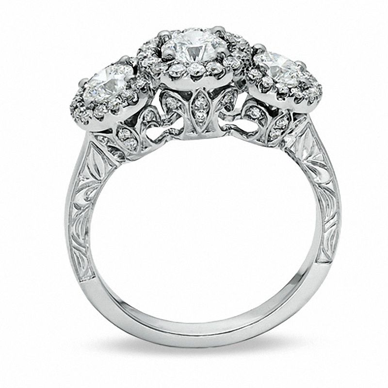 Main Image 2 of Celebration Lux® 1-1/4 CT. T.W. Certified Diamond Three Stone Framed Ring in 18K White Gold (I/SI2)