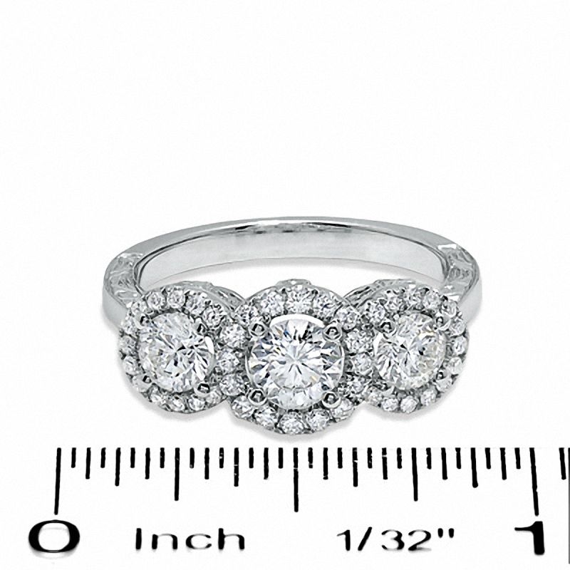 Main Image 3 of Celebration Lux® 1-1/4 CT. T.W. Certified Diamond Three Stone Framed Ring in 18K White Gold (I/SI2)