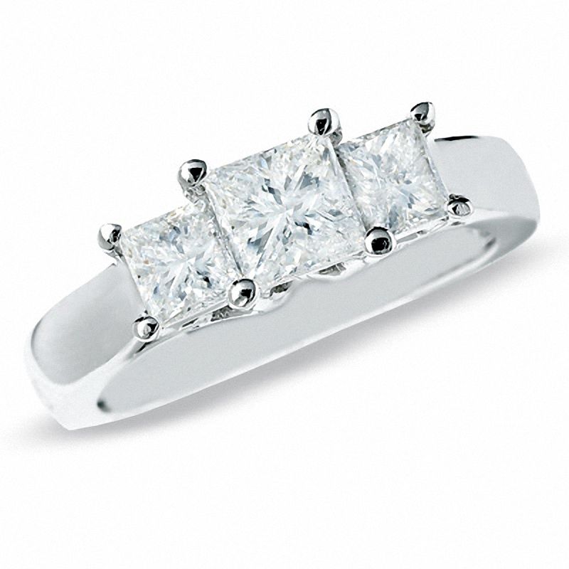 Main Image 1 of Celebration Lux® 1-1/2 CT. T.W. Princess-Cut Certified Diamond Three Stone Ring in 18K White Gold (I/SI2)