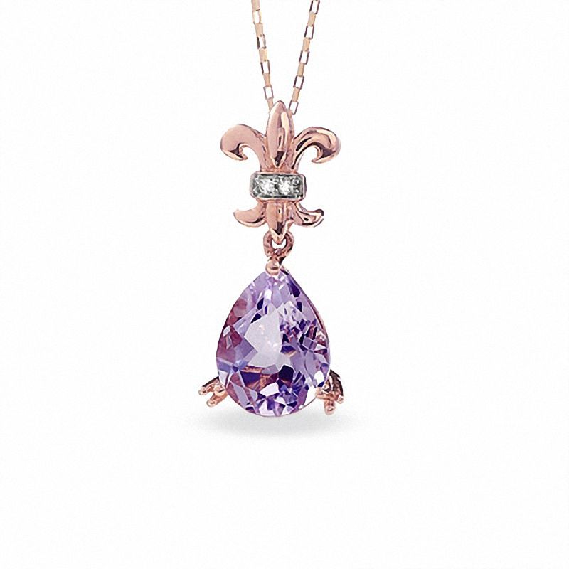 Pear-Shaped Amethyst and Diamond Accent Fleur-de-Lis Pendant in 10K Rose Gold