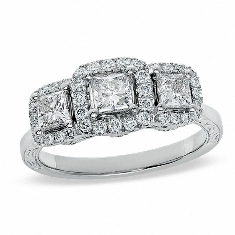 Main Image 1 of Celebration Lux® 1-1/4 CT. T.W. Princess-Cut Certified Diamond Three Stone Ring in 18K White Gold (I/SI2)
