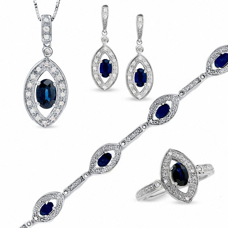 Main Image 1 of Marquise Shape Blue Sapphire 4-Piece Set in Sterling Silver with Diamond Accents