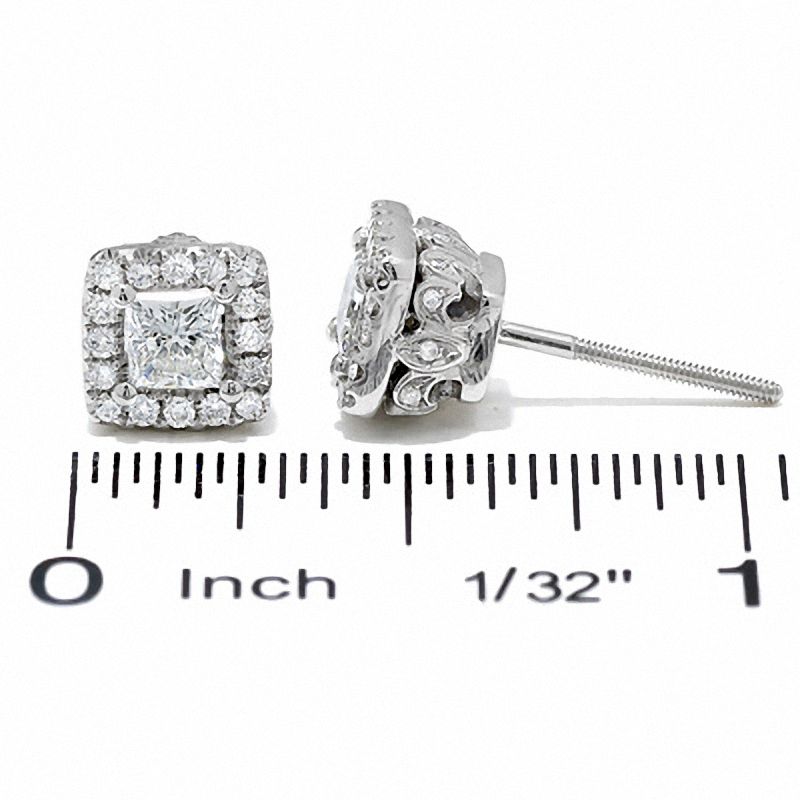Main Image 2 of Celebration Lux® 1 CT. T.W. Princess-Cut Certified Diamond Framed Stud Earrings in 18K White Gold (I/SI2)