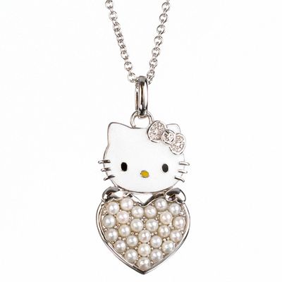 EZ Creations Sterling Silver Hello Kitty Necklace Jewelry Freshwater Pearl Pendant 
