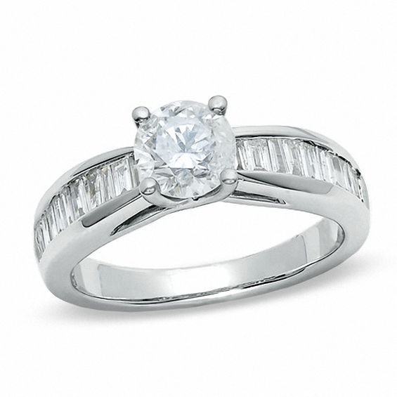 1-1/2 CT. T.w. Round Diamond Engagement Ring in 14K White Gold with Baguette Sidestones